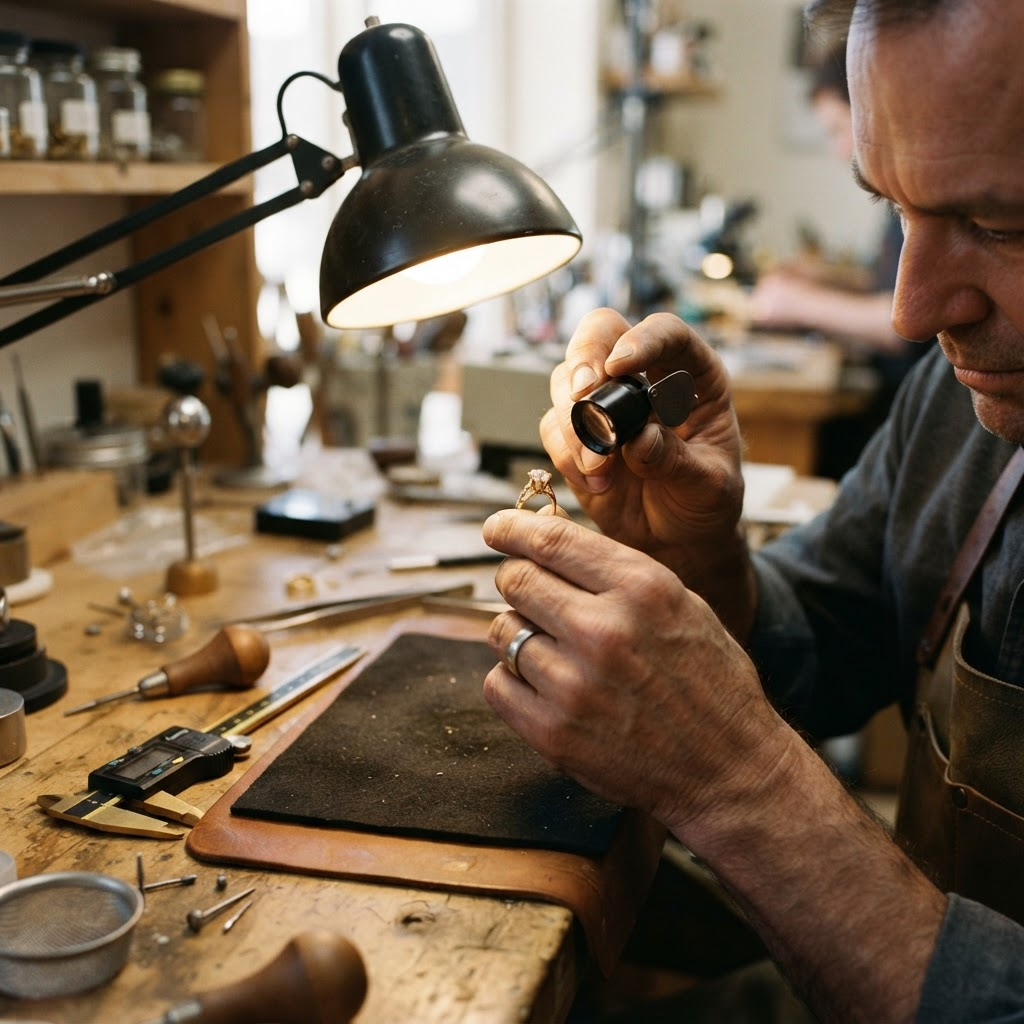 Quality control bench with a jeweler inspecting a gold ring
