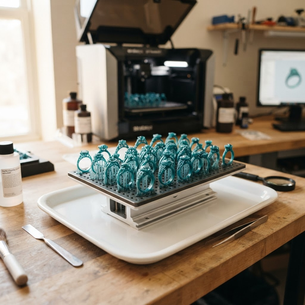 Wax printing lab with freshly printed ring models
